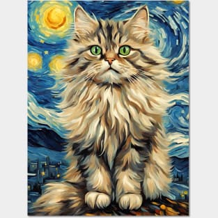 Siberian Cat Breed Painting in a Van Gogh Starry Night Art Style Posters and Art